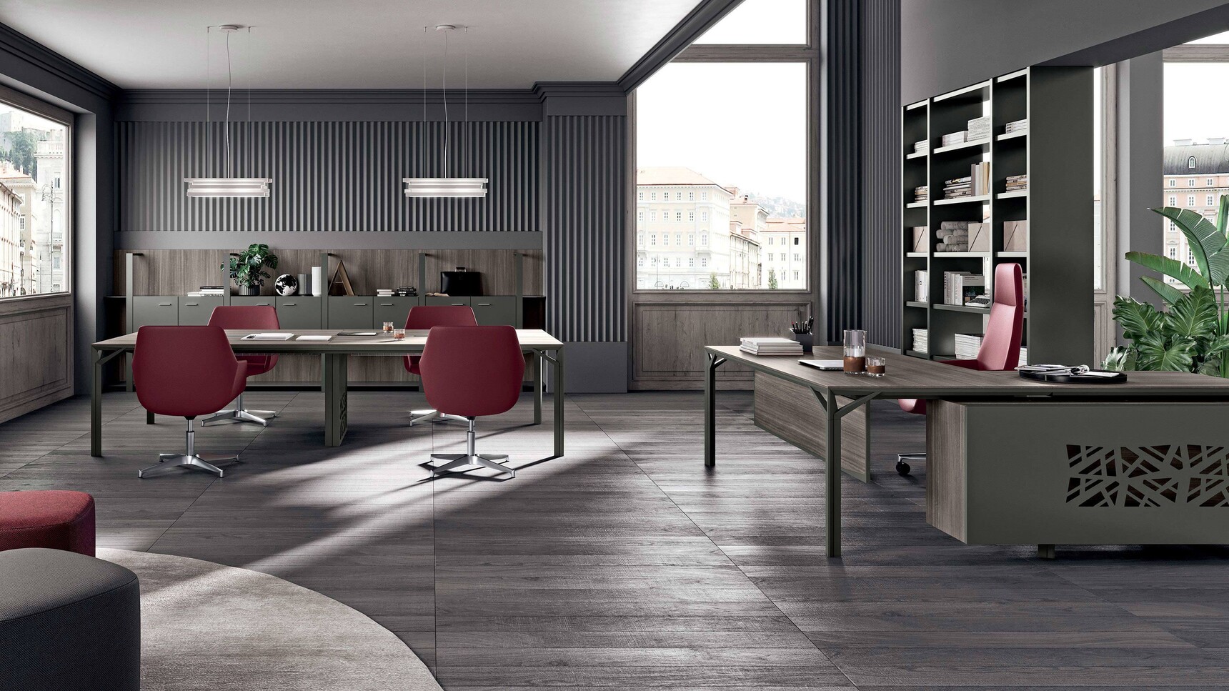Quadrifoglio X8 Melamine Desk with Sliding Door Credenza In Office Setting
