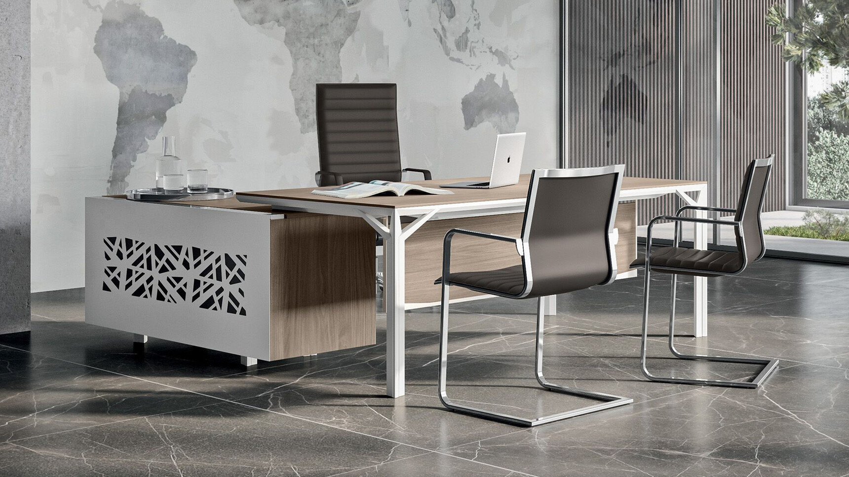 Quadrifoglio X8 Melamine Desk with Sliding Door Credenza In Office Environment