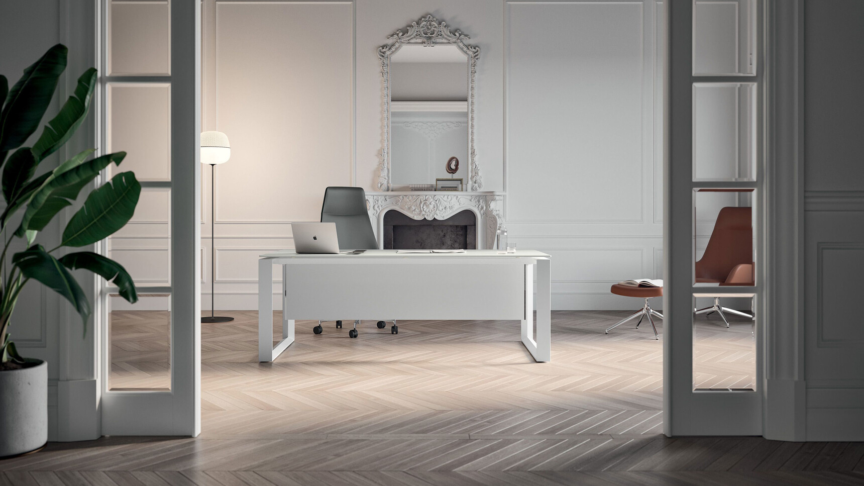 Quadrifoglio X7 Single Glass Loop Leg Desk In Office Setting