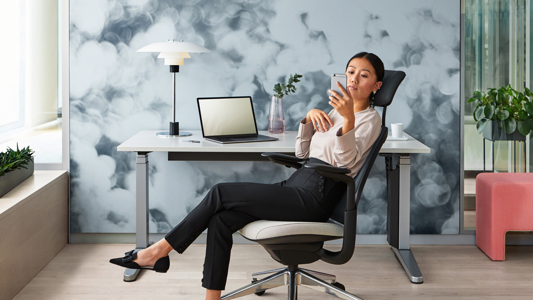 Steelcase Ology Height Adjustable Desks with Active Touch Grey Leg White Top Series One White Upholstery Headrest At Desk
