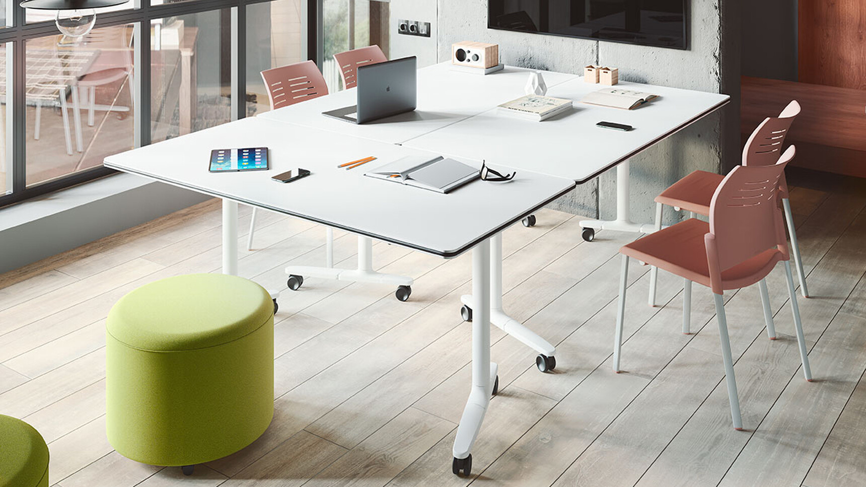 Actiu Talent Series 300 Flip Top Tables With Stool And Chairs In Office Setting