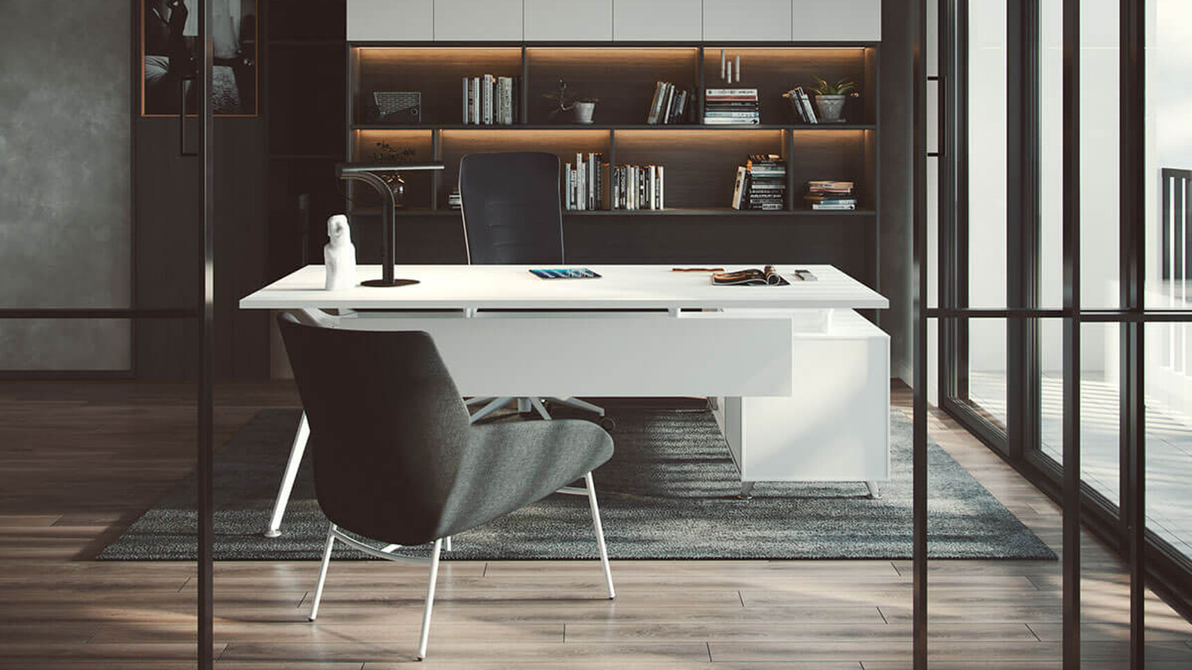 Actiu Arkitek Rectangular Executive Desk With Return & Storage Unit White Finish In Office Environment