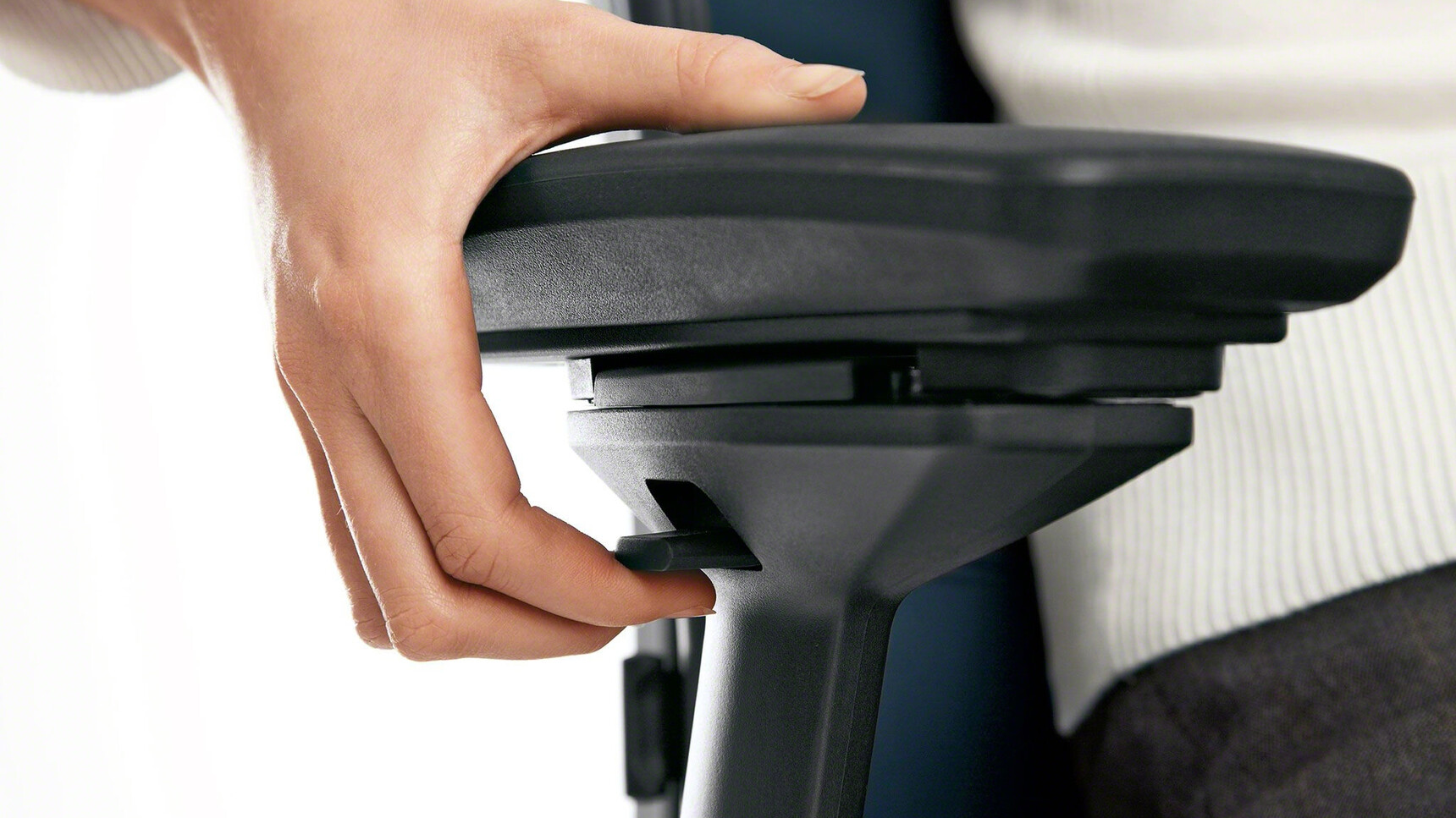Steelcase Reply Upholstered Office Chair Close Up Showing Adjustable Arms In Black
