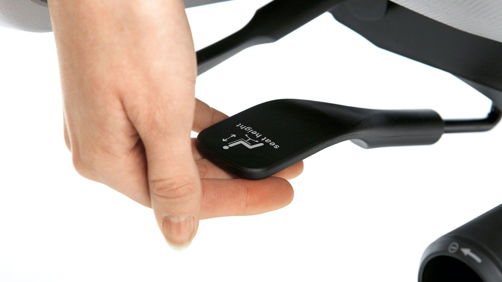 Steelcase Reply Upholstered Office Chair Close Up Of Height Adjustment Mechanism In Use