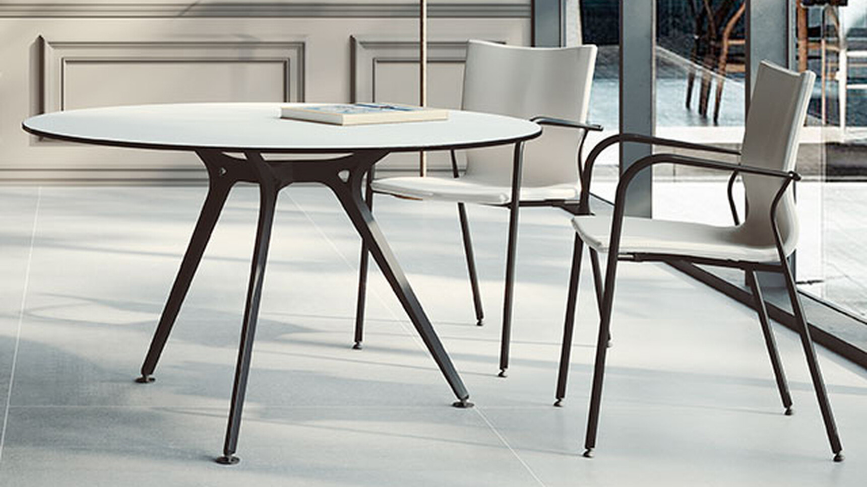 Actiu Arkitek Circular Meeting Table White Top With Black Legs In Meeting Area