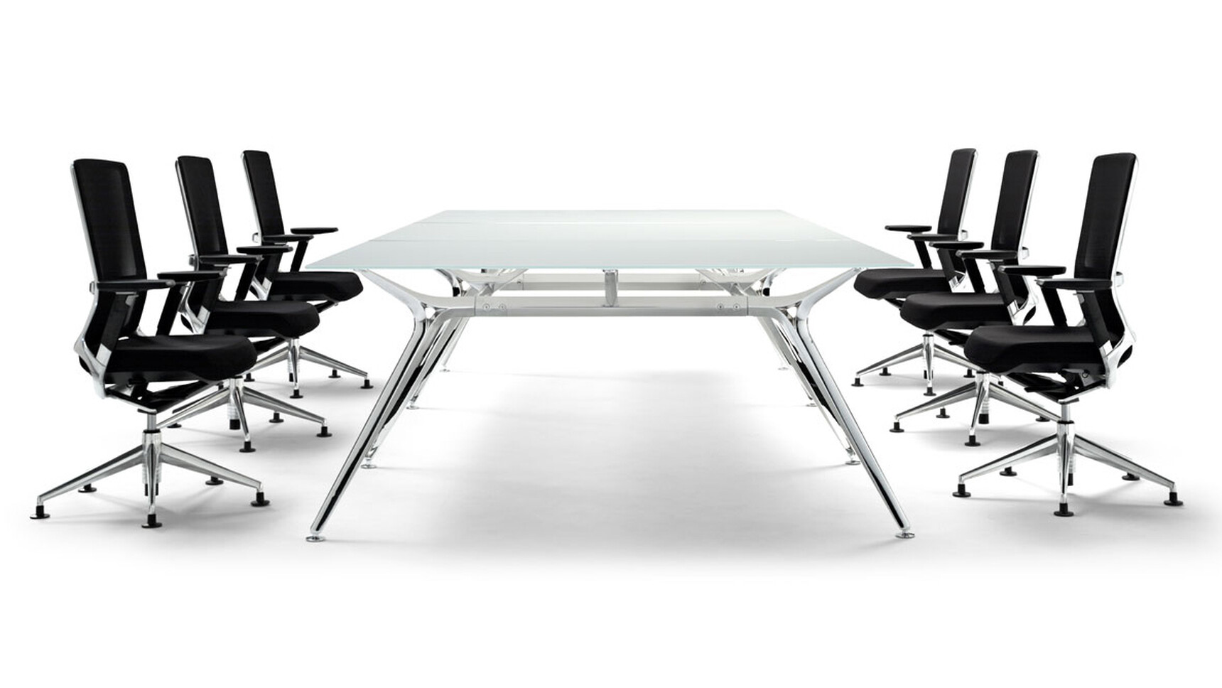 Actiu Arkitek Glass Rectangular Meeting Table On White Background With Chairs