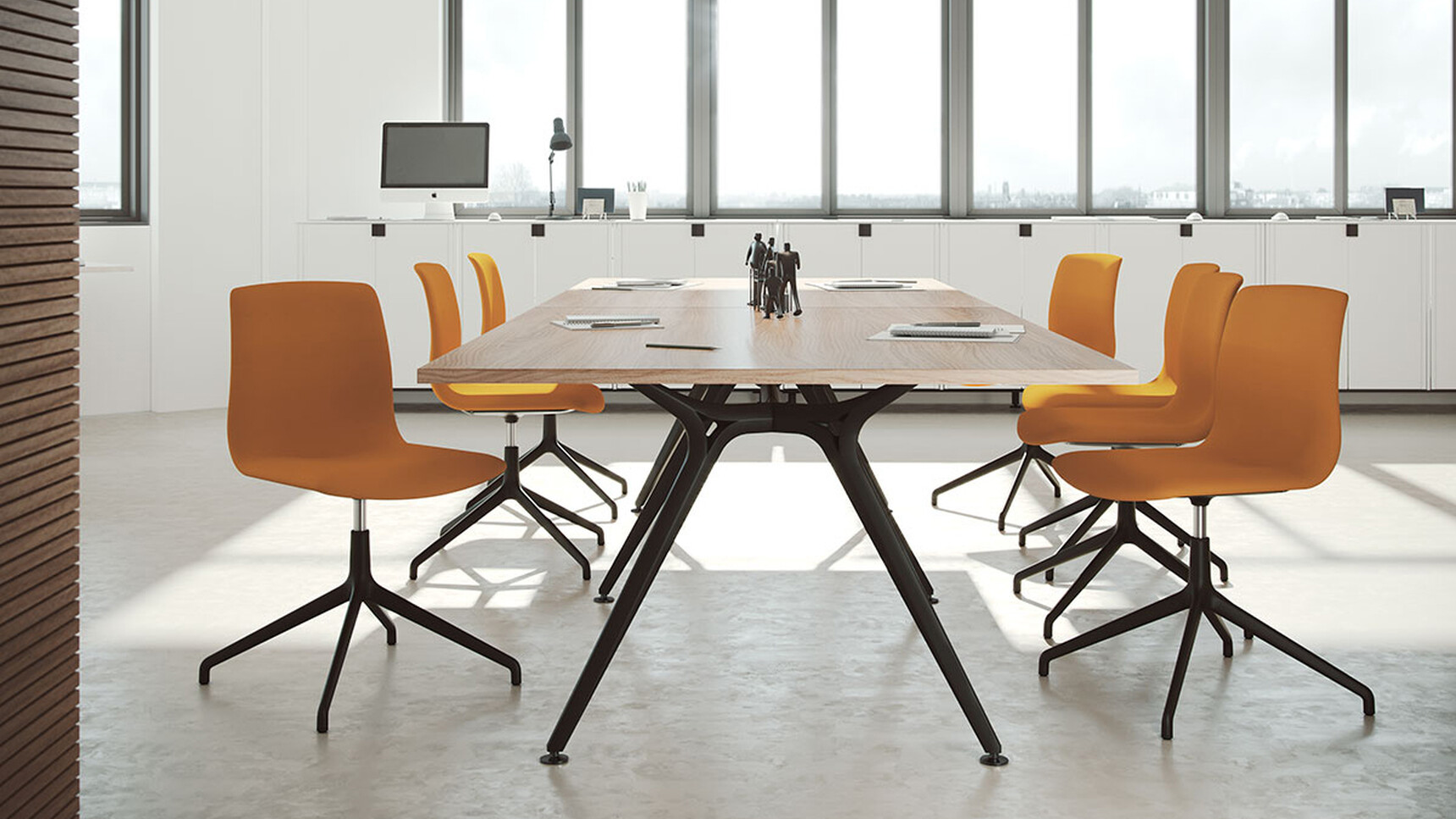 Actiu Arkitek Rectangular Meeting Table Wood Top Black Legs With Chairs At Table In Office Setting