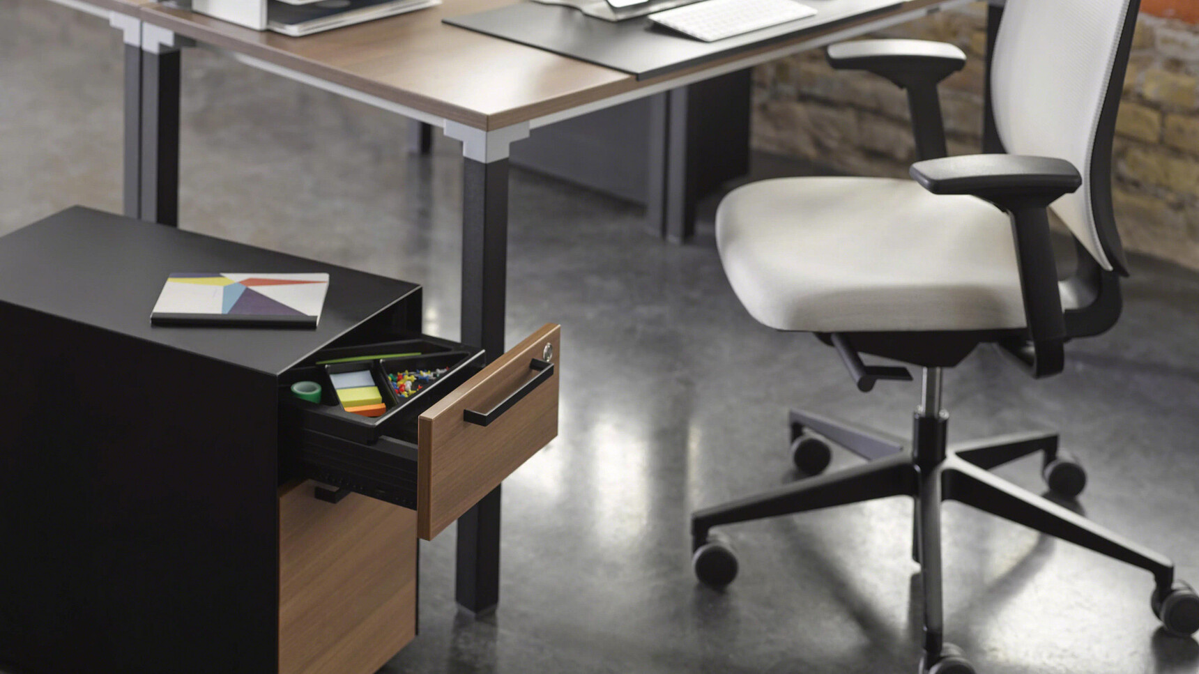 Steelcase Volum Art Two Drawer Pedestal On Castors | Melamine Front With Pen Draw Open With Chair Family Image