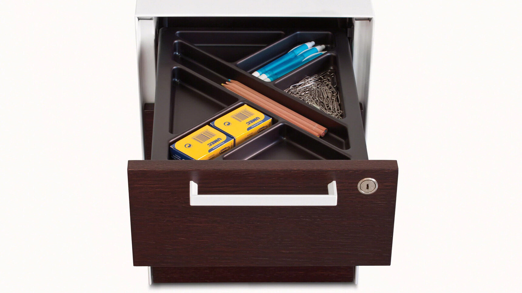 Steelcase Volum Art Two Drawer Pedestal On Castors | Melamine Front With Pen Draw Open On White Background