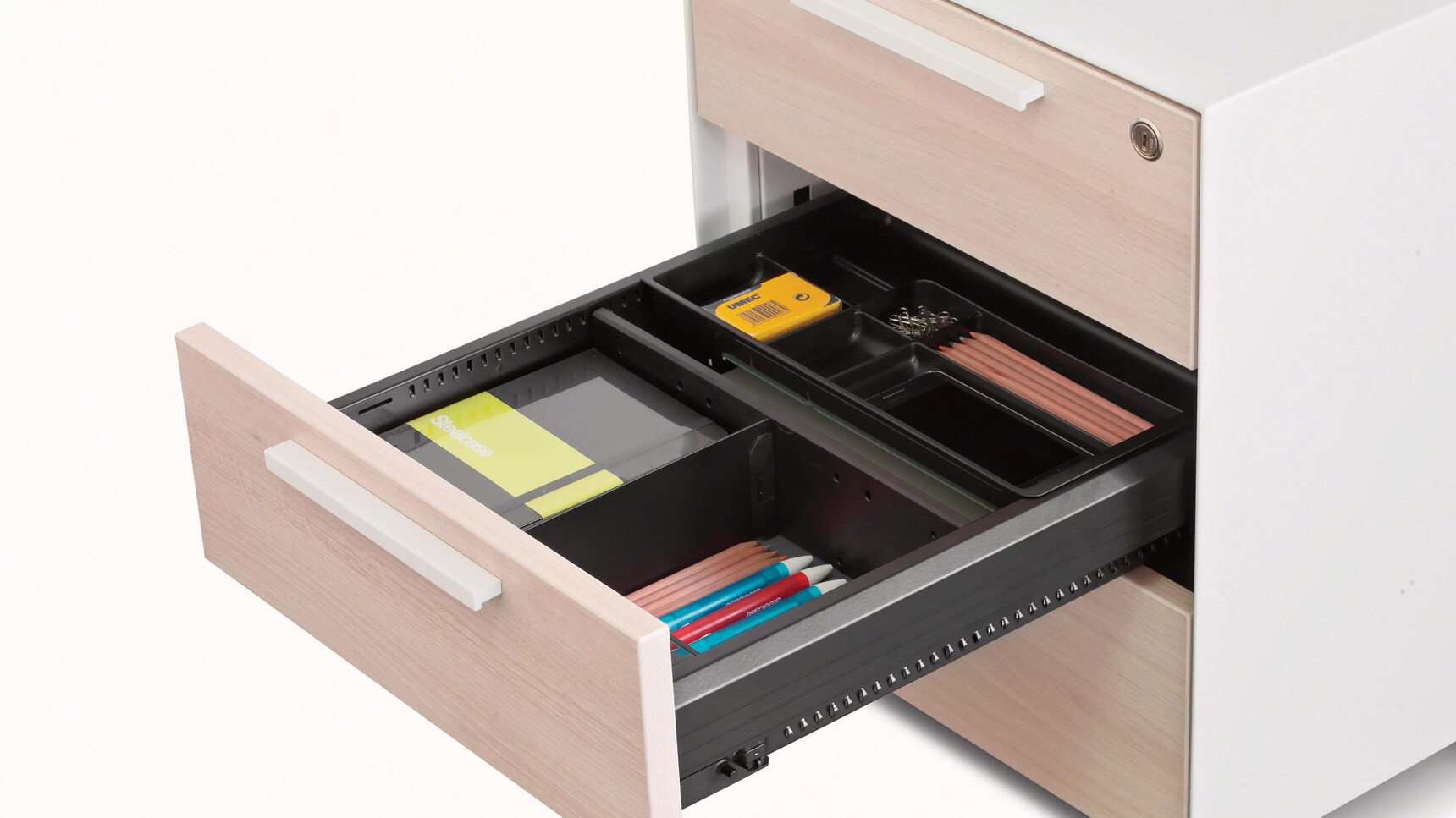 Steelcase Volum Art Three Drawer Pedestal On Castors Melamine Front Detail Image Of Pen Draw