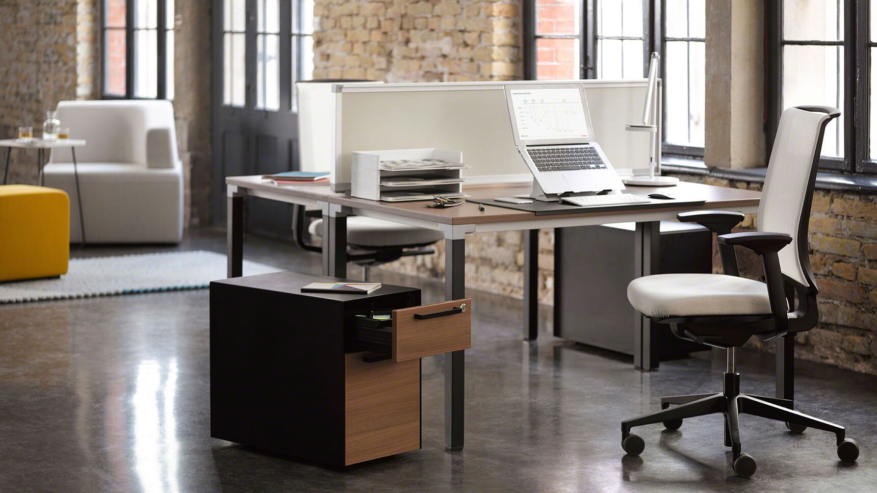 Two Steelcase Reply Air Mesh Back Office Chairs Black Base Finish Black Fixed Arms White Upholstery At Fixed Desk Black Legs Wood Finish White Privacy Screen