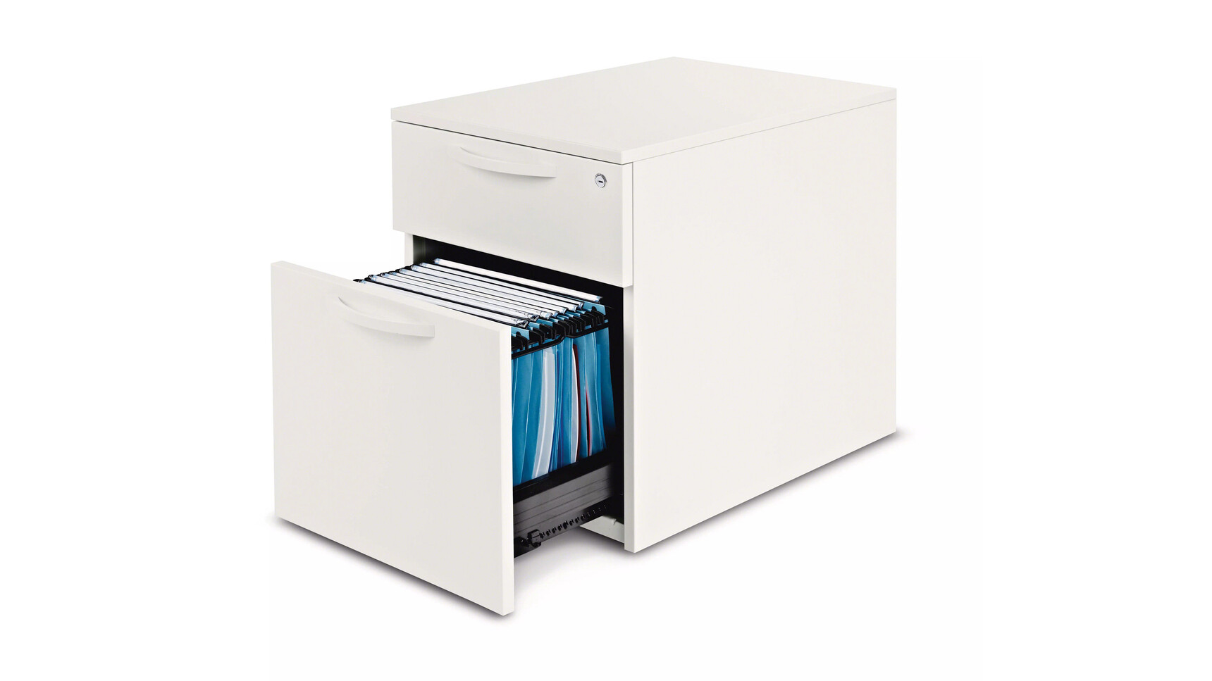 Steelcase Implicit Two Drawer Pedestal On Castors Steel With Bottom Draw Open On White Background