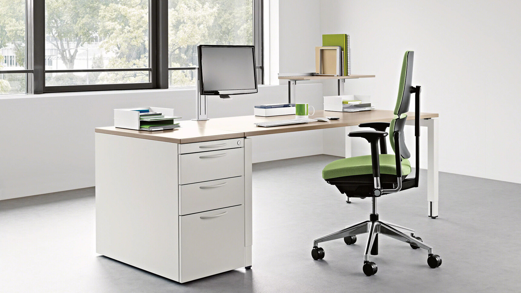 Steelcase Implicit Four Drawer Desk High Pedestal Melamine In Office Setting