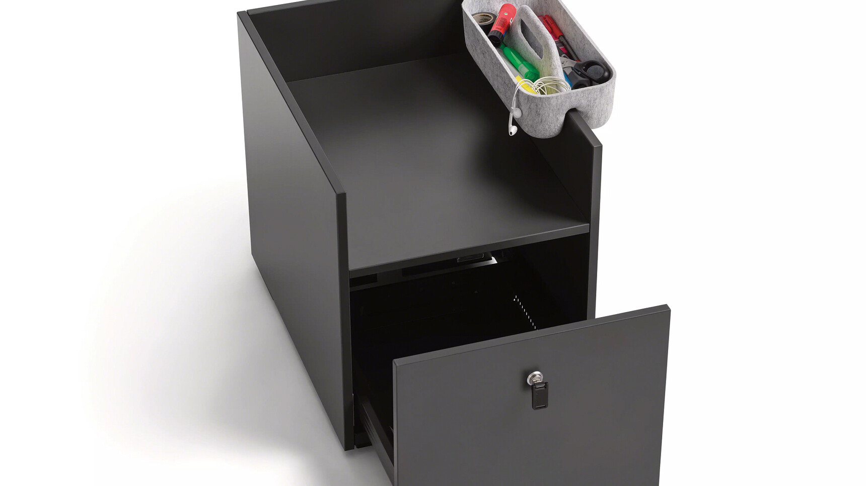 Steelcase Implicit Lease Bag Drop With Key Lock On Castors Black Finish With Draw Open Family Image