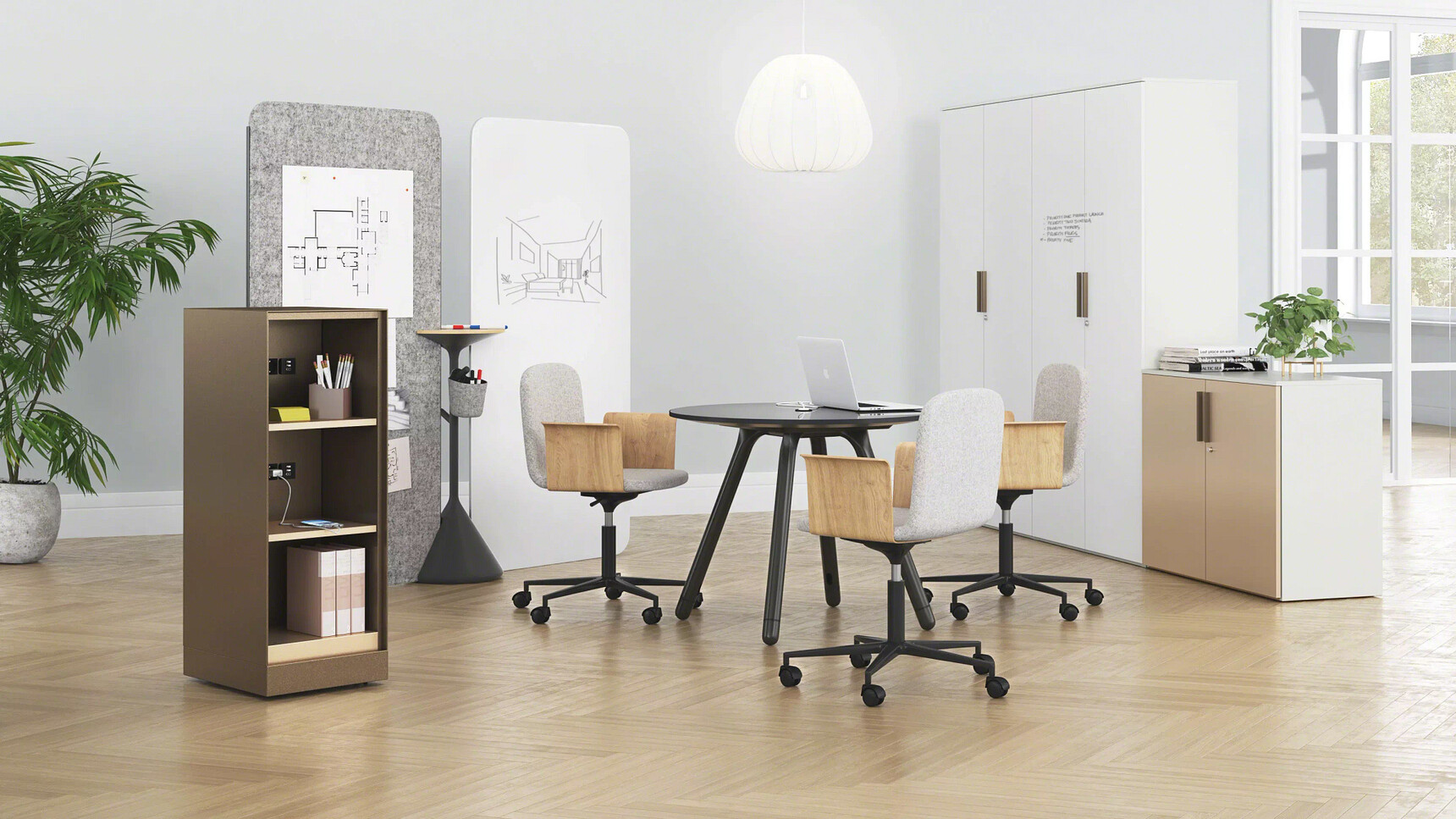 Steelcase Volum Art Open Mobile Storage In Burnished Bronze And Matte Brass With Bolia And Coalesse In Office Setting
