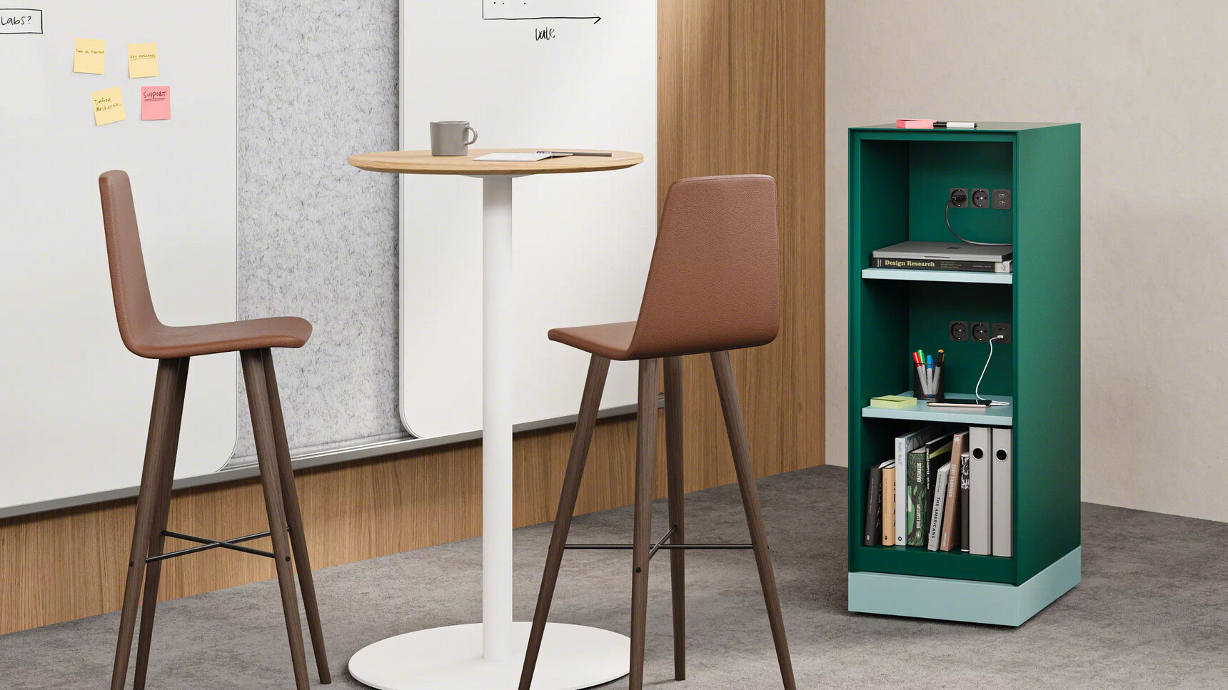 Steelcase Volum Art Open Mobile Storage Carcass Peacock Base And Shelves Sea Salt Finish In Office Setting