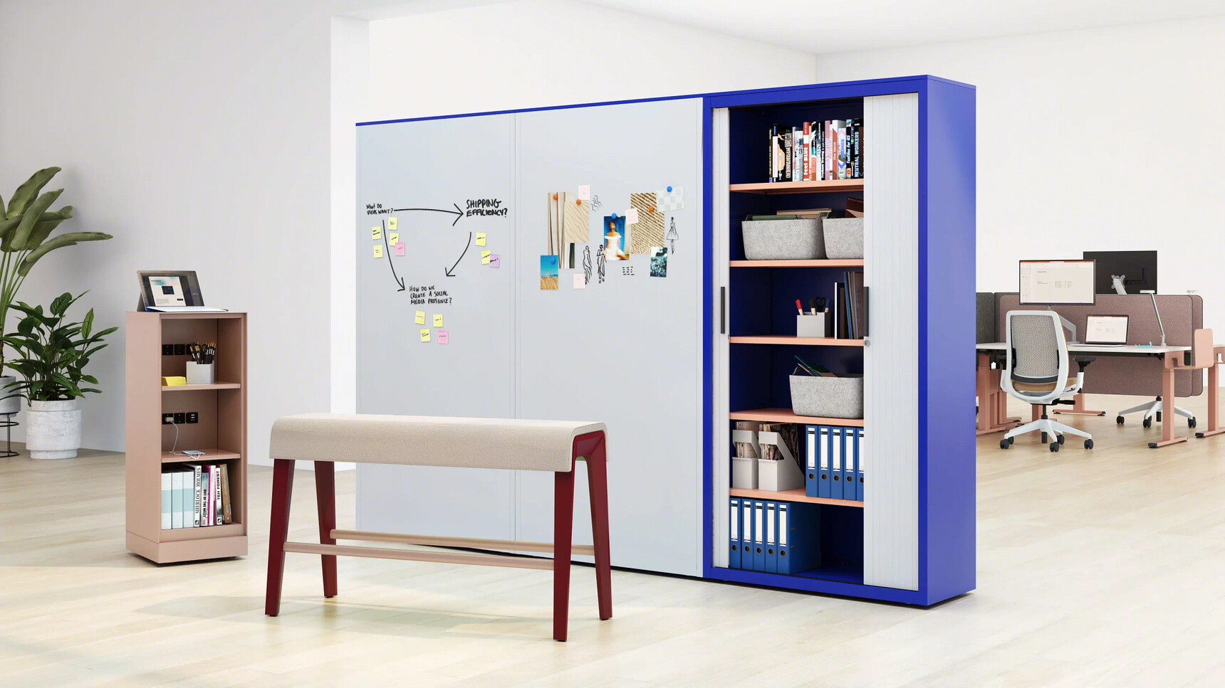 Steelcase Volum Art Open Mobile Storage In Matte Copper With Acacia Shelves In Office Environment