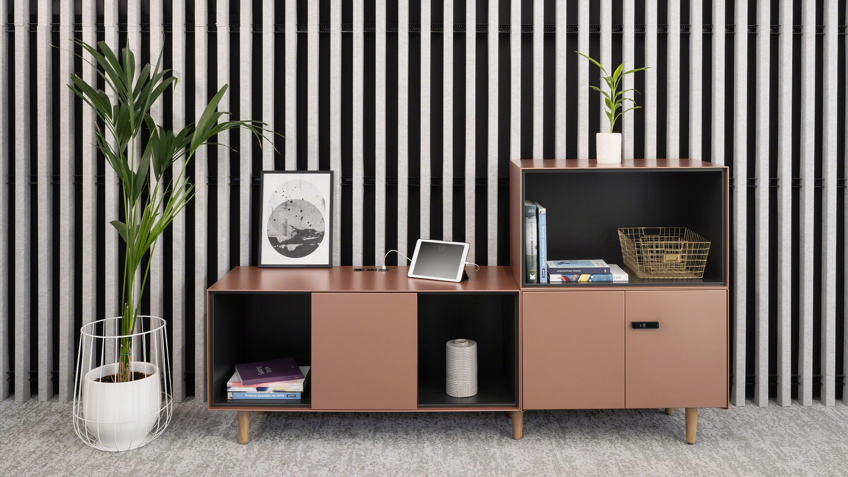 Steelcase Volum Art Credenza Sliding Door With Bookcase Lock With Wood Legs Carcass And Front Lux Colour Matte Copper Interior Melamine In Merle In Office Setting