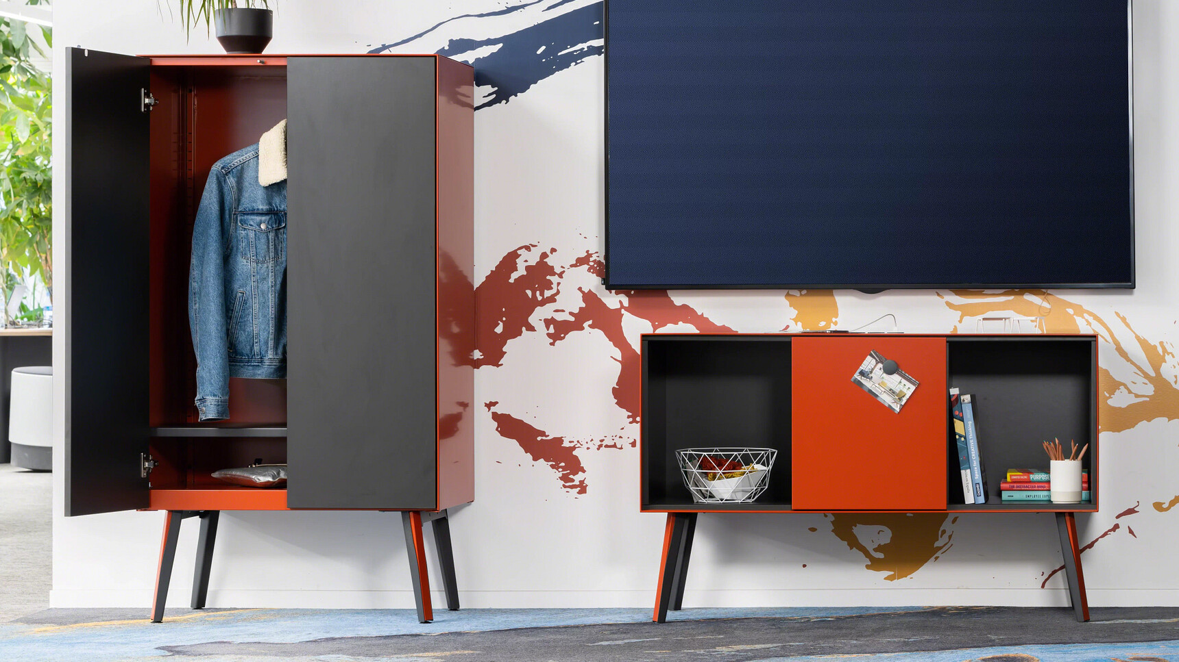 Steelcase Volum Art Cabinet With Wardrobe Rail And Shelf Push To Open Doors Metal Legs Saffron And Merle Carcass Steel Saffron Front Steel Merle Shelf Merle Volum Art Credenza With Sliding Doors In Office Setting