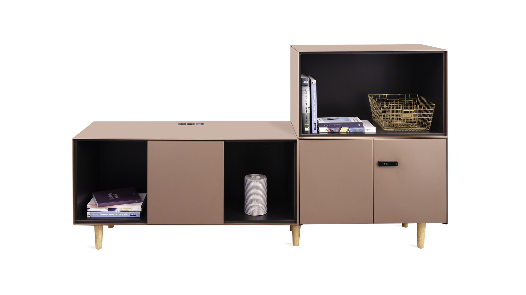 Steelcase Volum Art Credenza Sliding Door With Bookcase Lock Wood Legs Carcass And Front Lux Colour Matte Copper Interior Melamine In Merle In Family Image