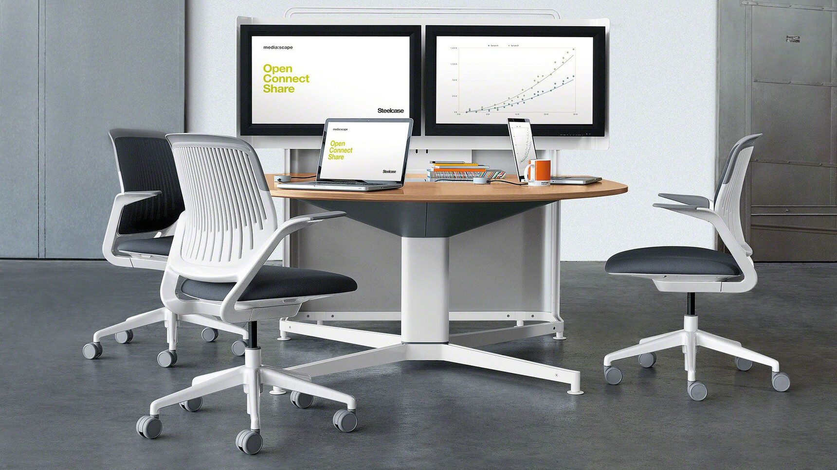 Three Steelcase Cobi Office Chairs With White And Grey Frame And Black Fabric At Meeting Table In Office Environment