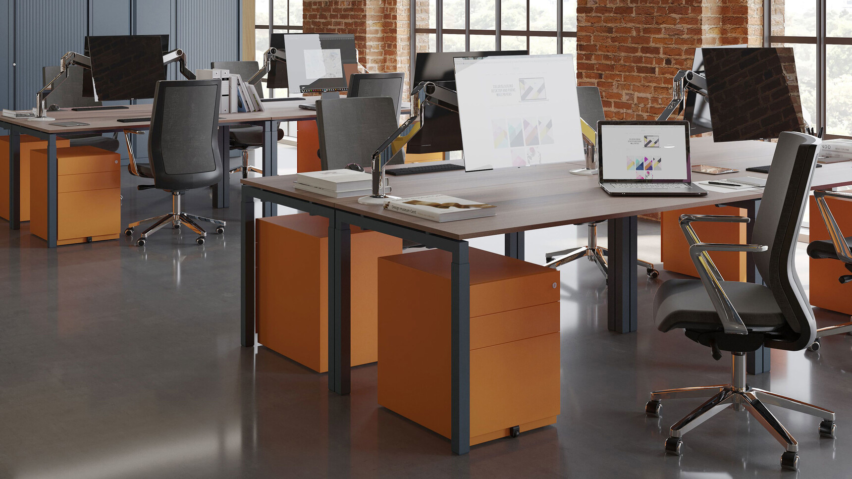 Bisley Note Two Intermediate & One Filing Drawer Pedestals Bisley Orange Finish In Office Setting