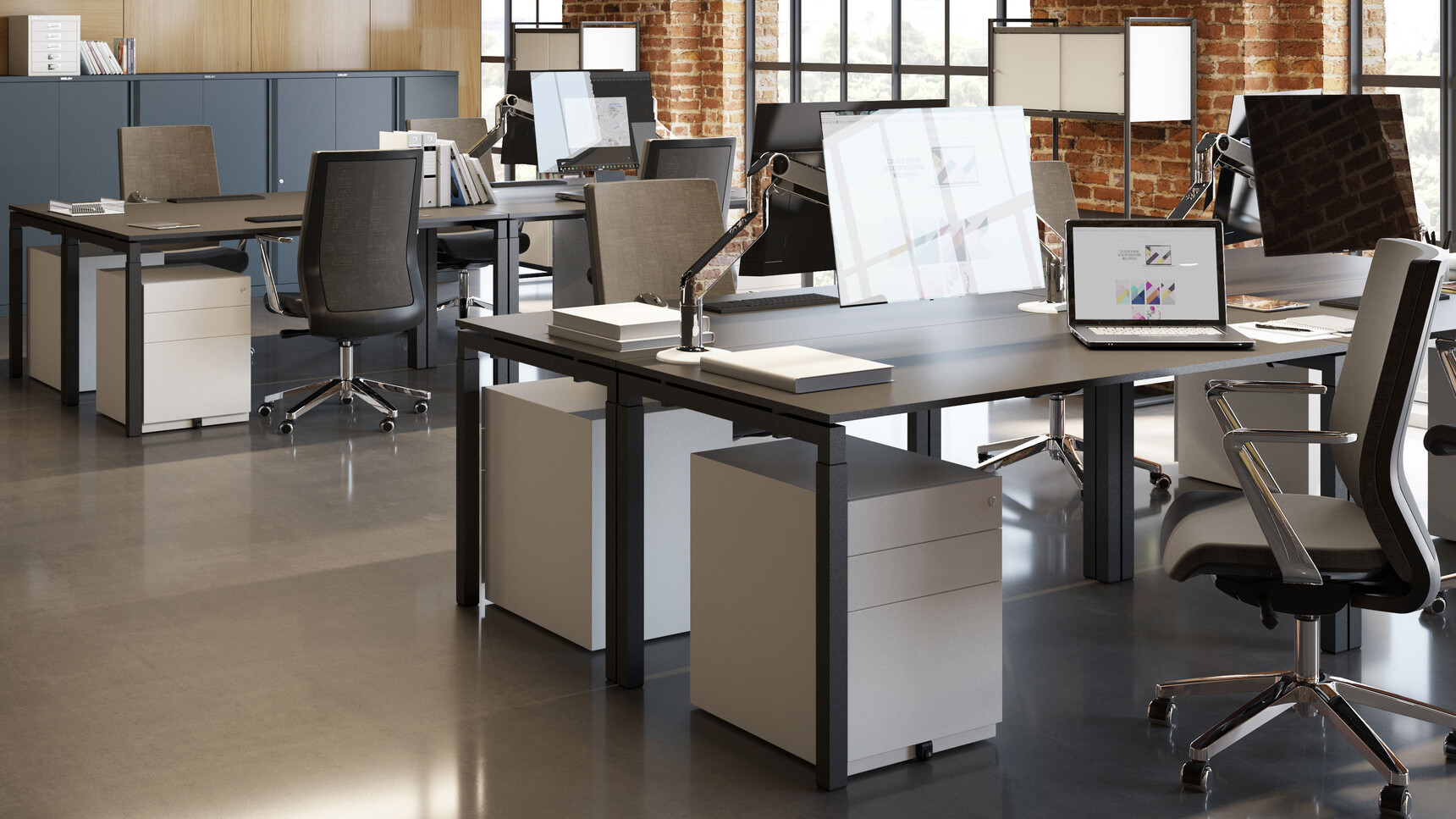 Bisley Note Two Intermediate & One Filing Drawer Pedestals Traffic White Finish In Office Setting