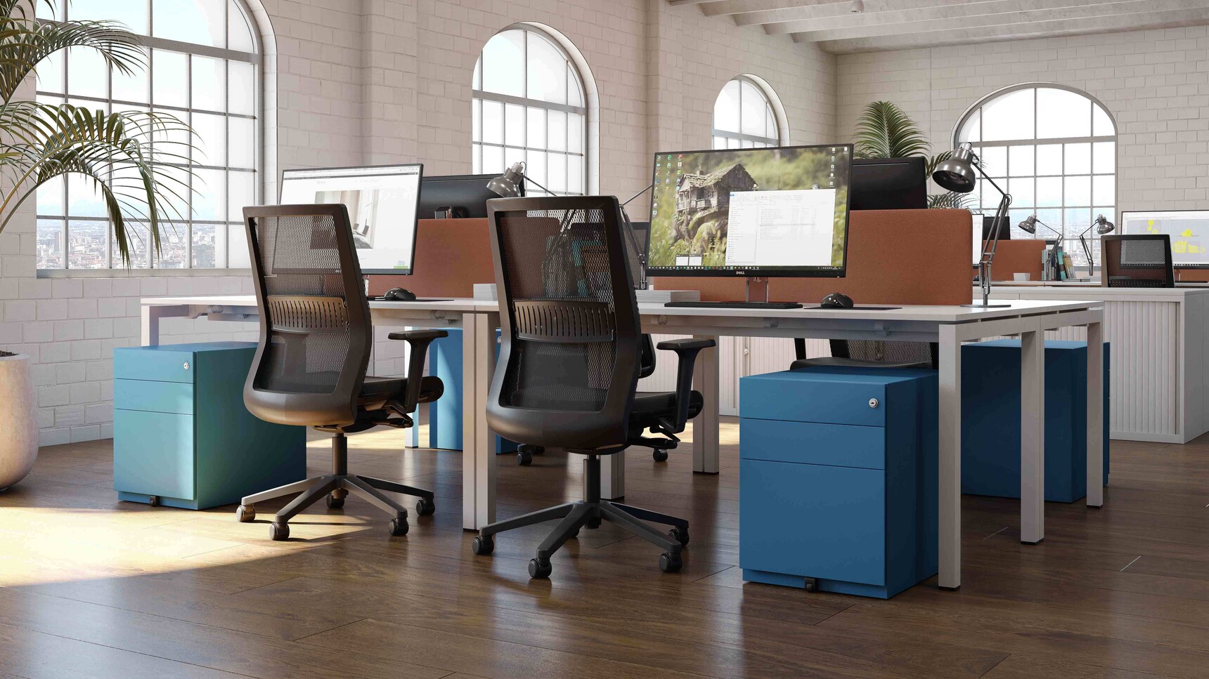 Bisley Note Three Drawer Pedestals In Office Setting