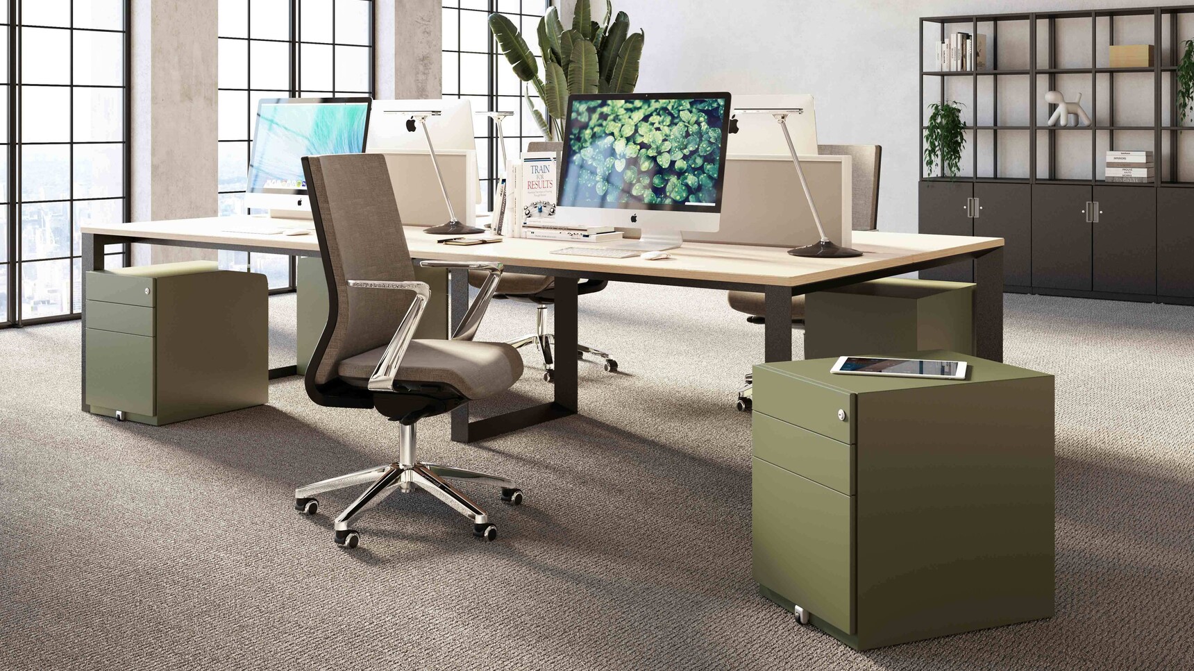 Bisley Note Two Intermediate & One Filing Drawer Mobile Pedestals In Office Setting