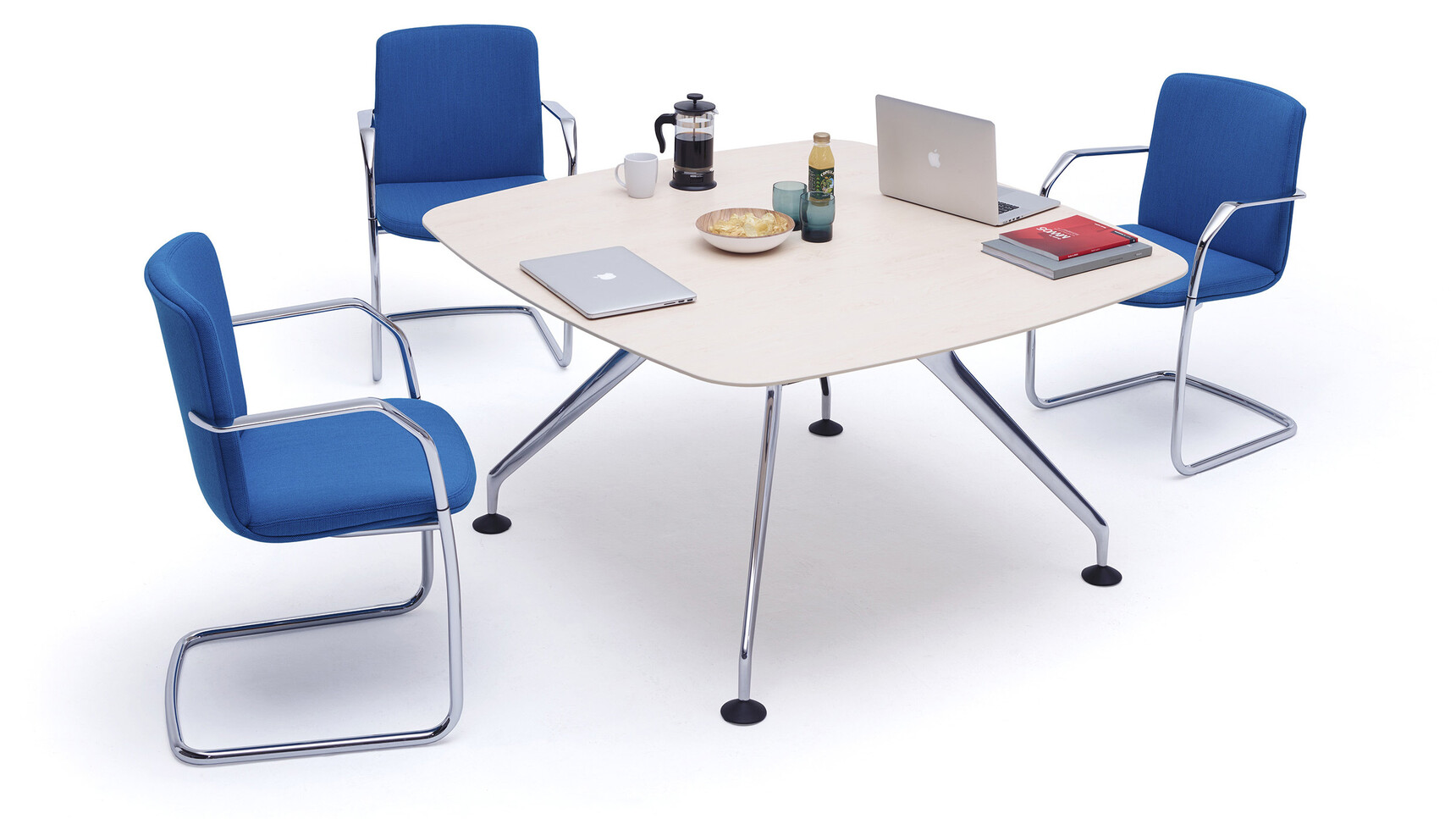 Orangebox Lano Soft Square Meeting Table With Blue Cantilever Chairs At Table Family Image