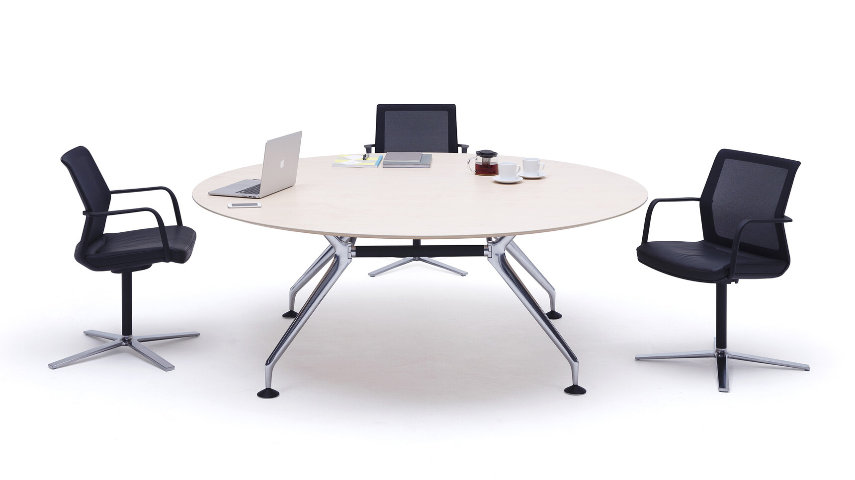 Orangebox Lano Round Meeting Table Wood Top Three Black Chairs Four Star Base Family Image