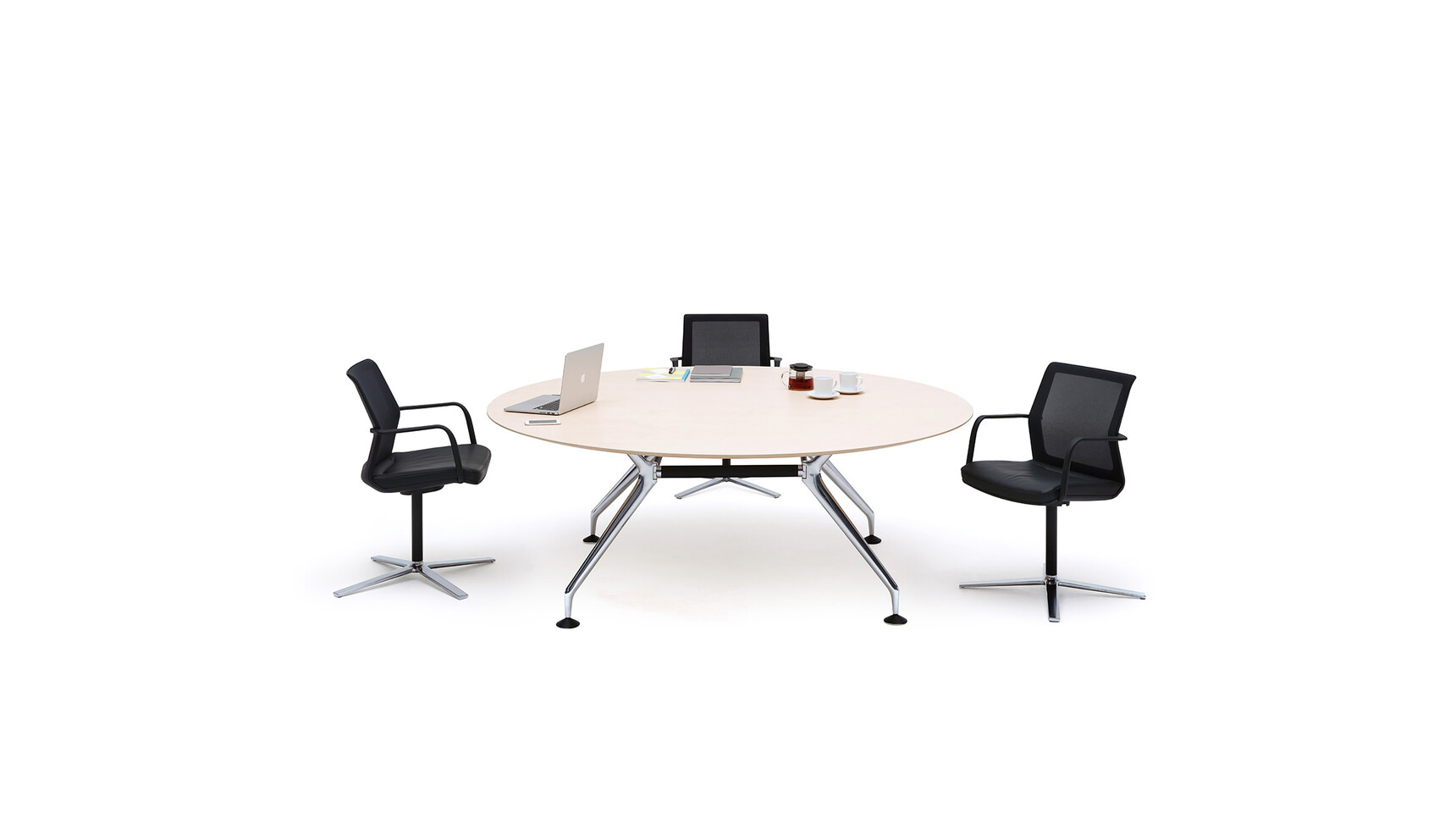 Orangebox Lano Round Meeting Table Three Black Chairs Four Star Base Family Image