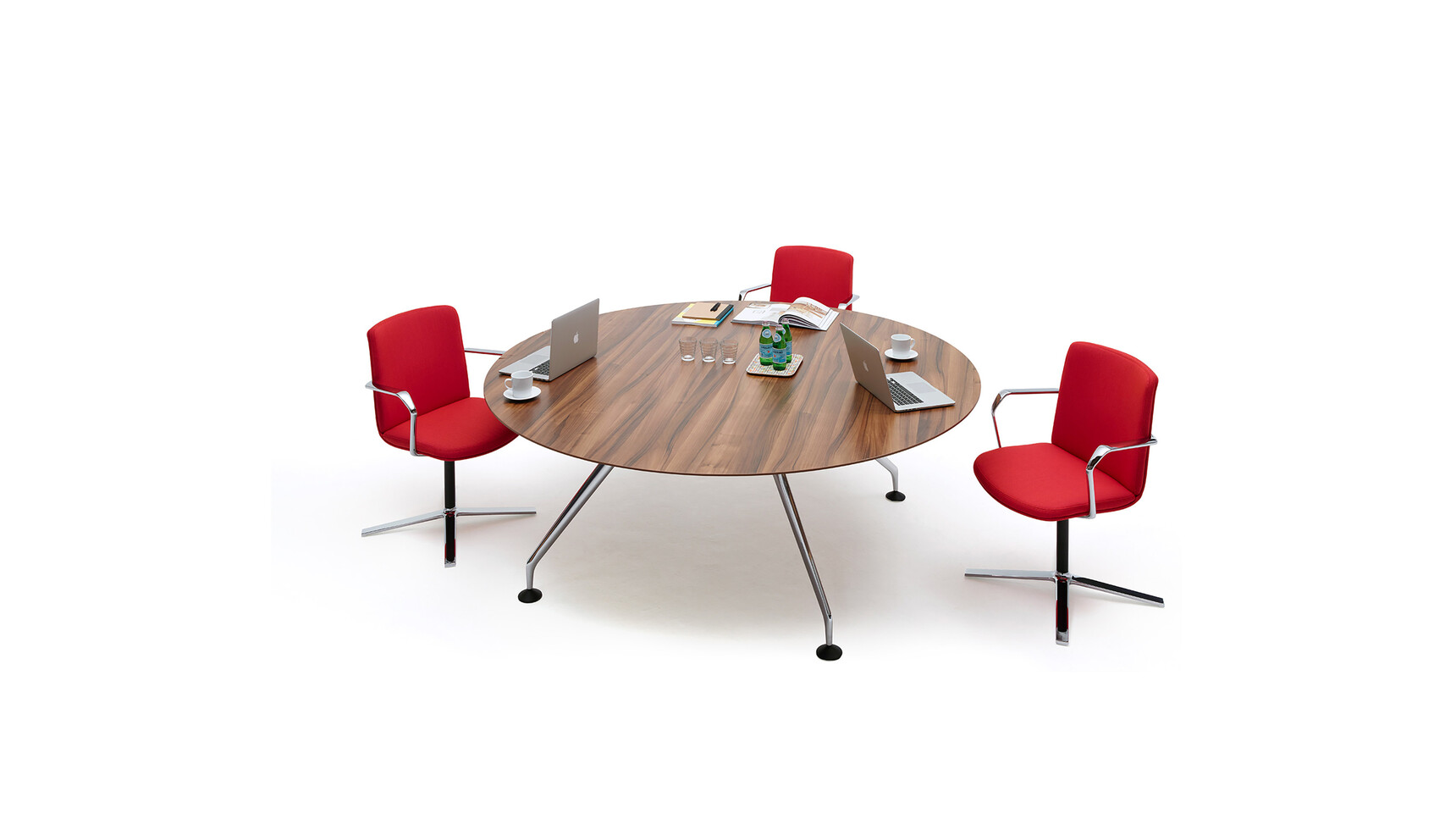 Orangebox Lano Round Meeting Table Three Red Chairs Family Image