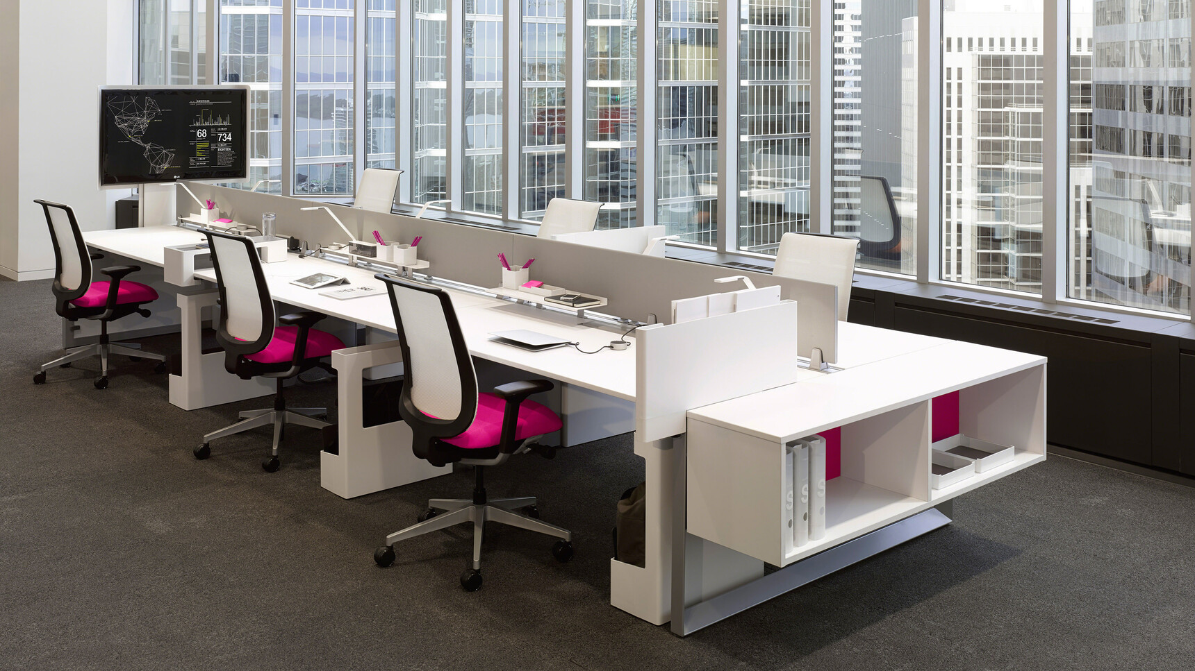 Six Steelcase Reply Air Mesh Back Office Chairs Grey Base Finish Black Fixed Arms Pink Seat White Backrest Upholstery At White Desk