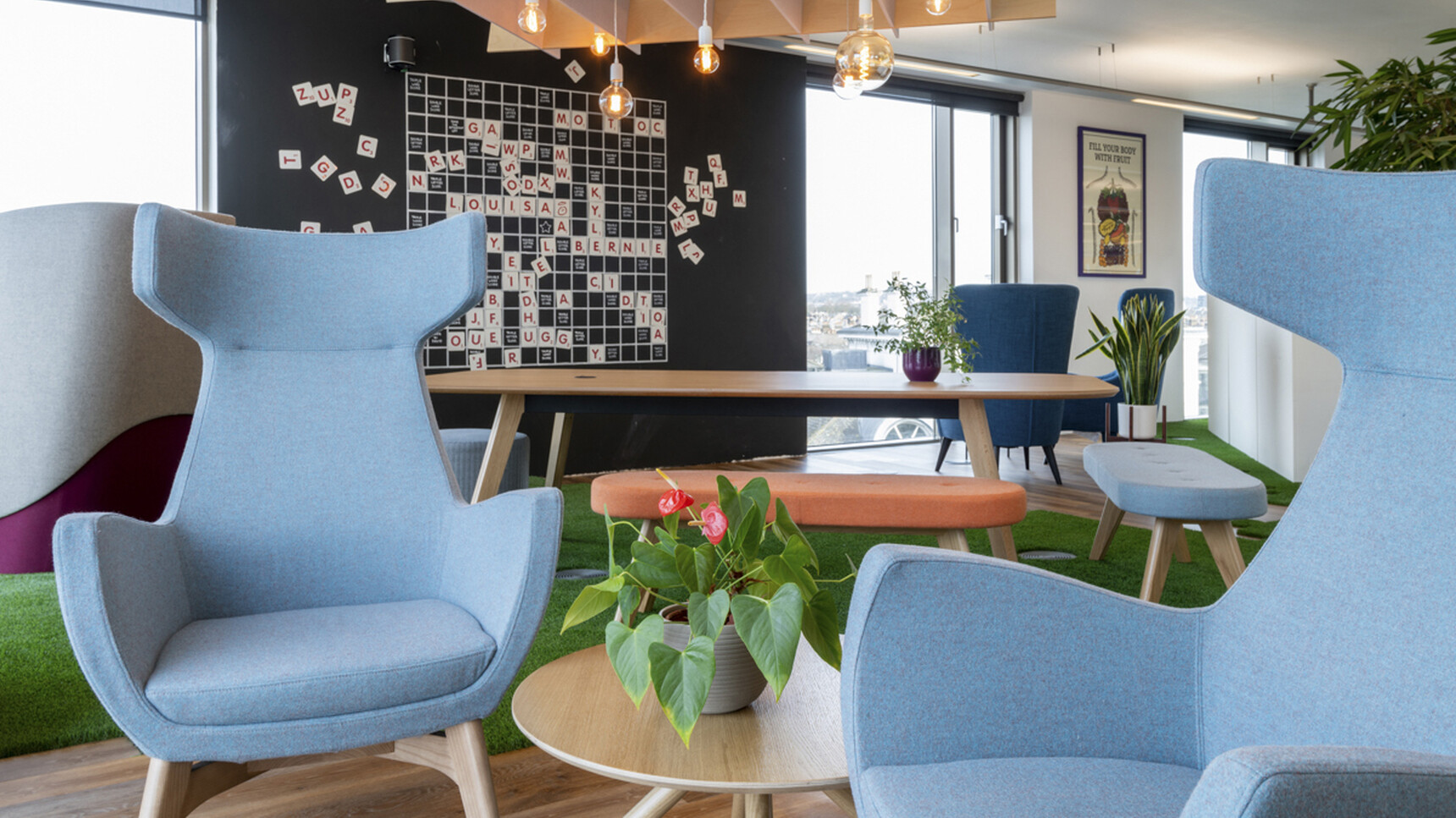 Connection Mae High Back Lounge Armchairs With Four Leg Base Light Blue Upholstery In Lounge Setting