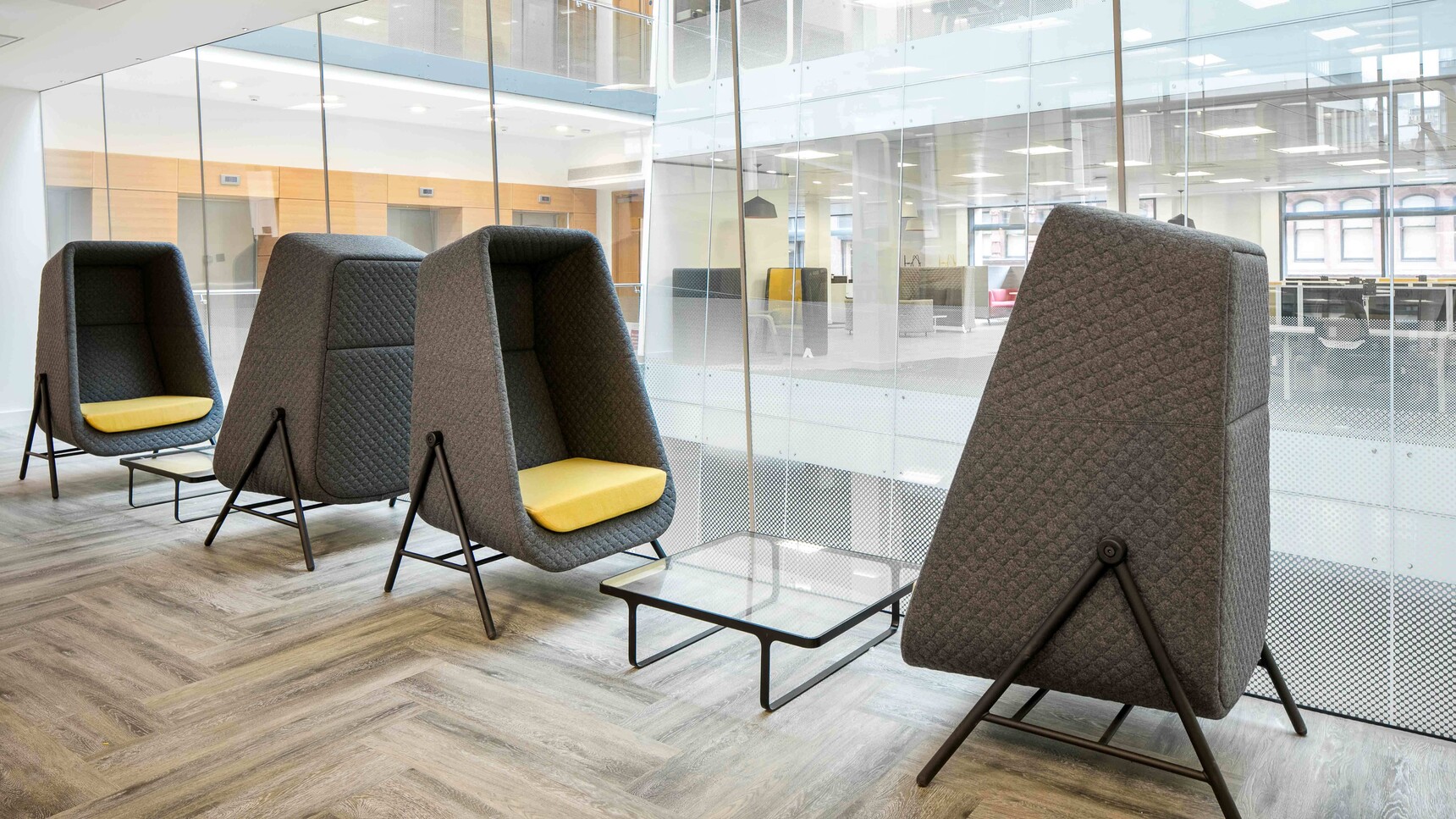 Connection Muse High Back Privacy Booths With Metal Base In Office Setting