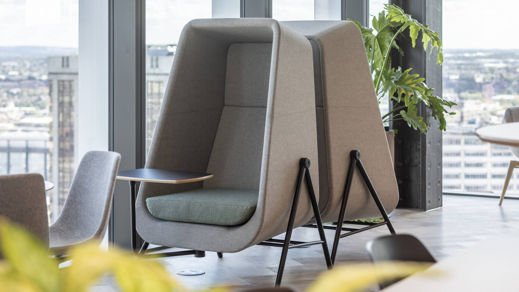 Connection Muse High Back Privacy Booth With Metal Base Grey Upholstery Black Base In Office Setting