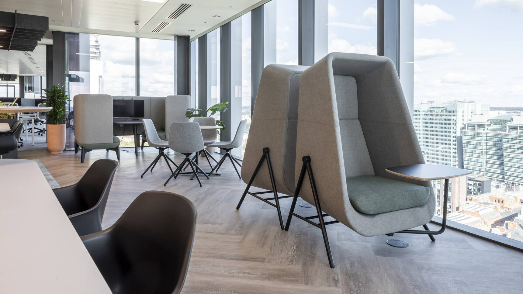 Connection Muse High Back Privacy Booths With Metal Base Grey Upholstery In Office Setting