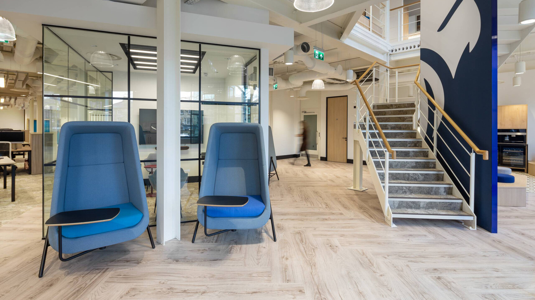 Connection Muse High Back Privacy Booths With Metal Base Blue Upholstery In Office Setting