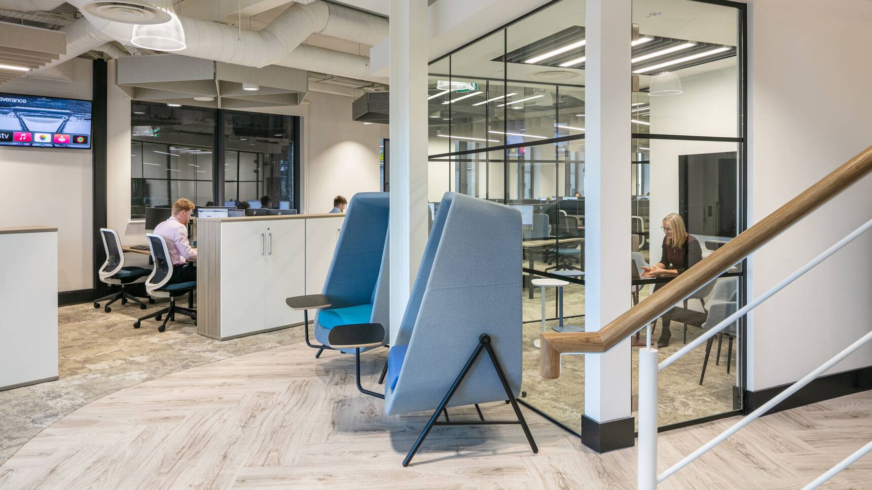 Connection Muse High Back Privacy Booth With Metal Base In Office Environment