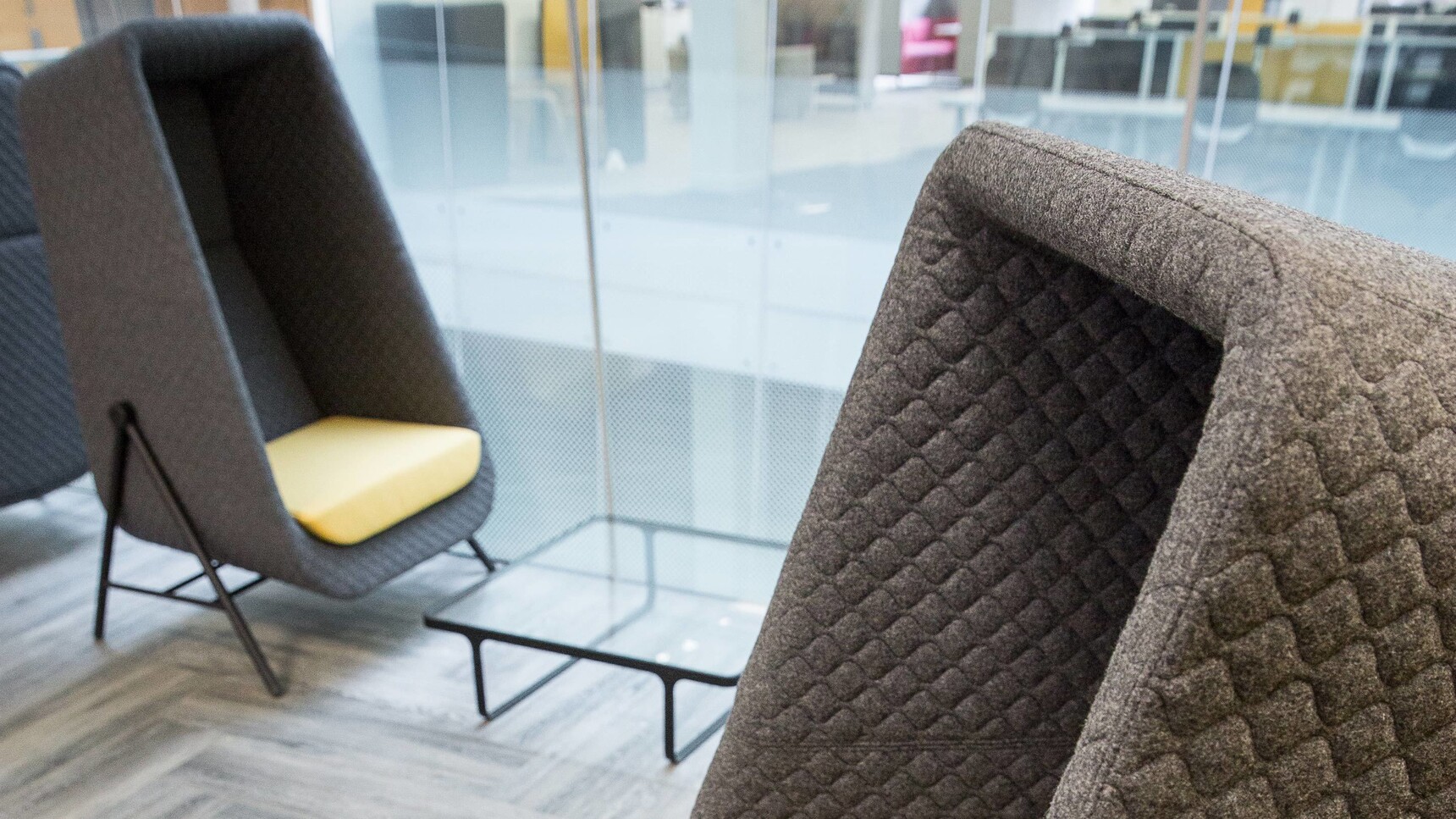 Connection Muse High Back Privacy Booth With Metal Base Grey Upholstery Yellow Seat In Office Setting