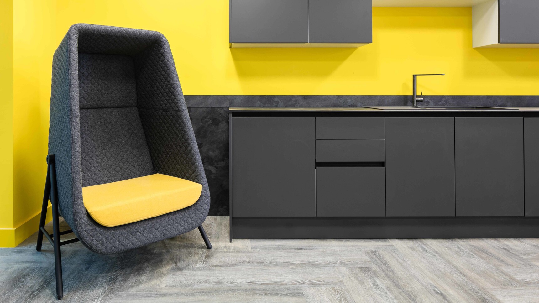 Connection Muse High Back Privacy Booth With Metal Base Yellow Seat In Office Setting