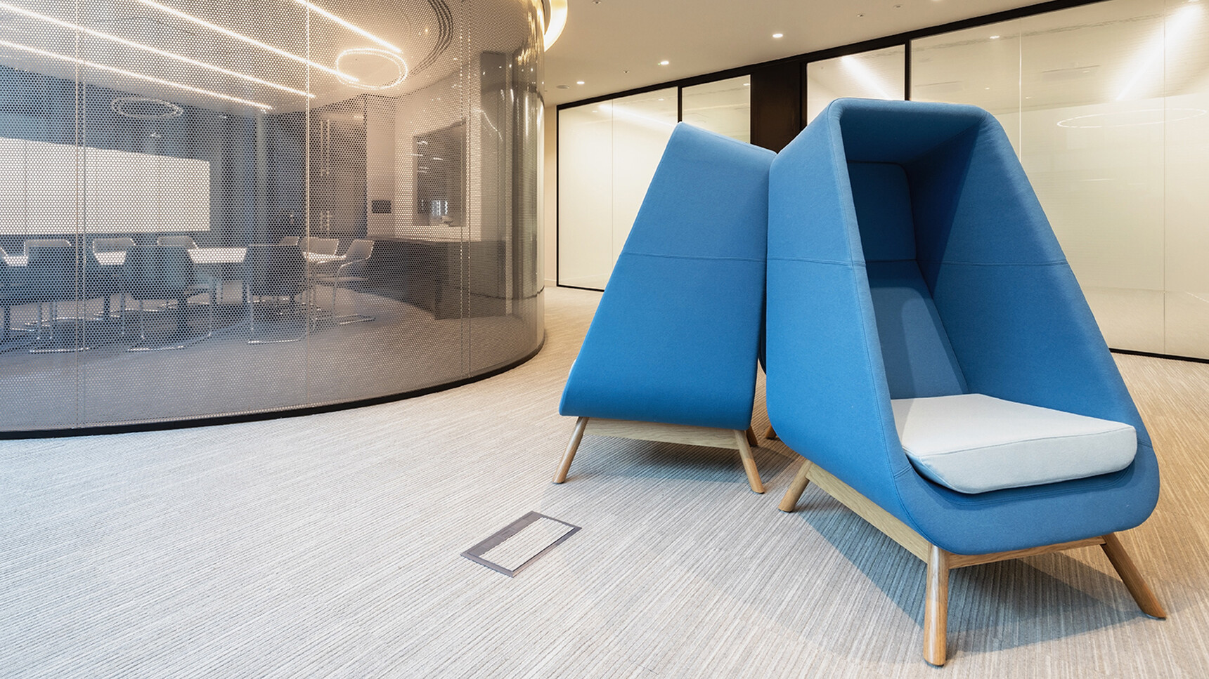 Connection Muse High Back Privacy Booth With Wood Base In Office Setting