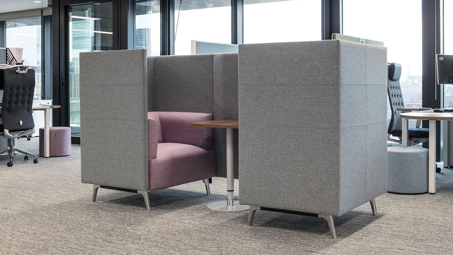 Connection Tryst Open Ended High Back Media Booth Grey Upholstery In Office Setting