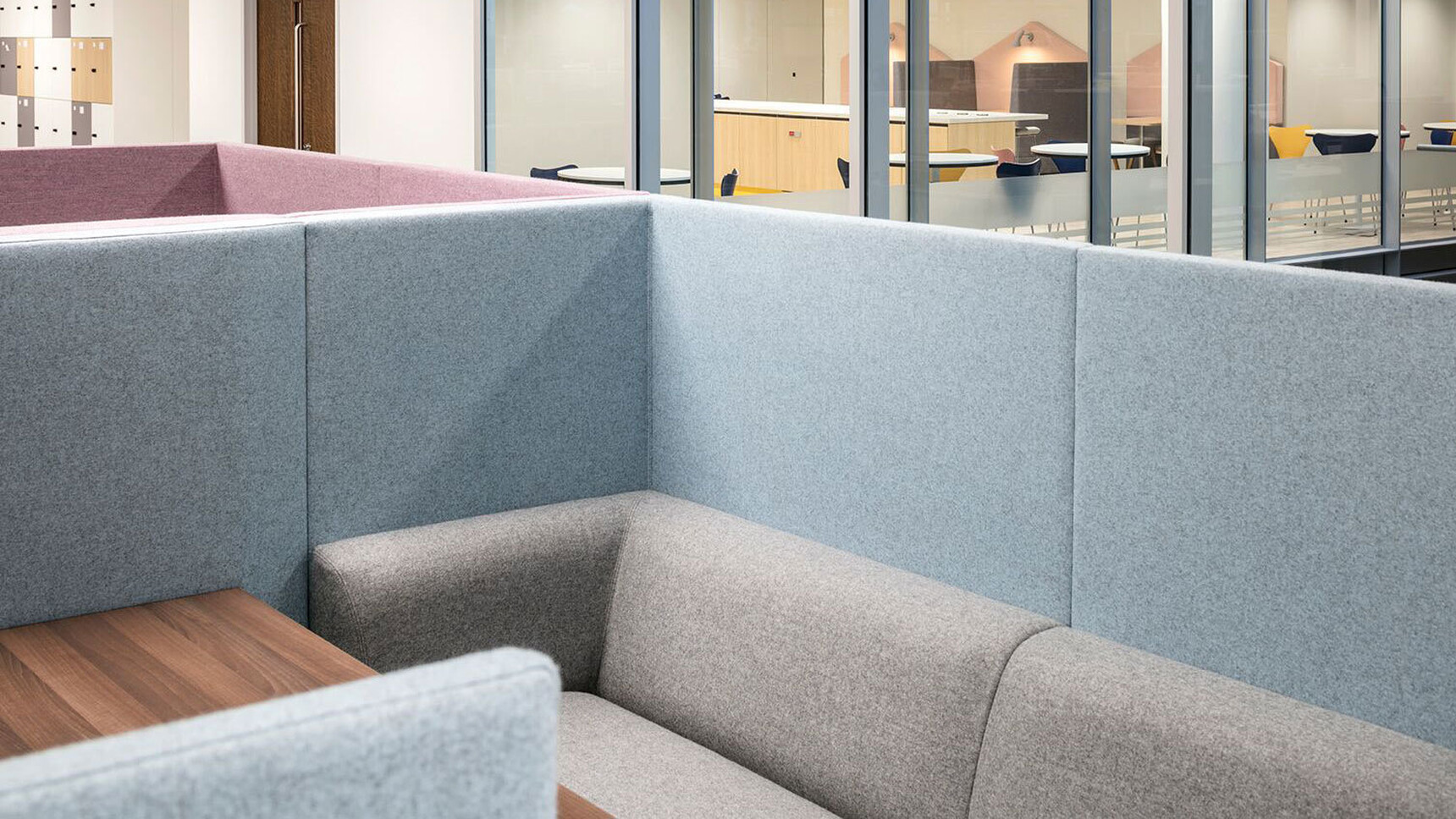 Connection Tryst Open Ended High Back Media Booth Pink Blue Upholstery Detail Image