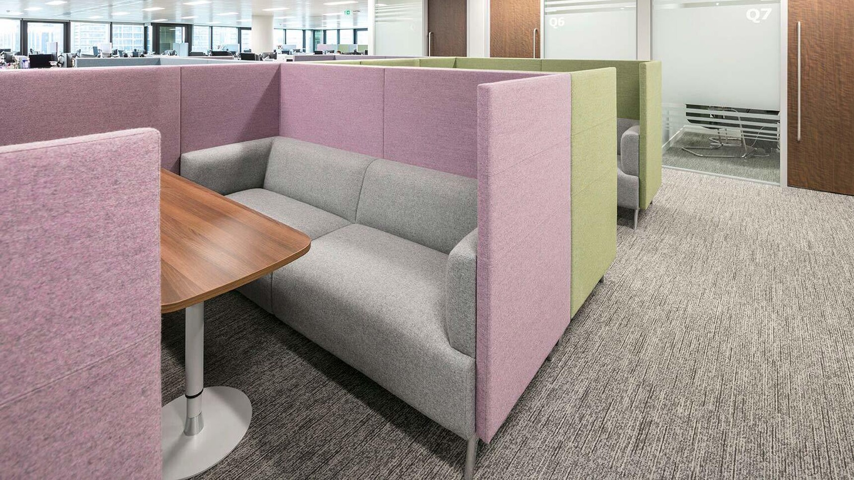 Connection Tryst Open Ended High Back Media Booths Pastel Upholsteries In Office Setting