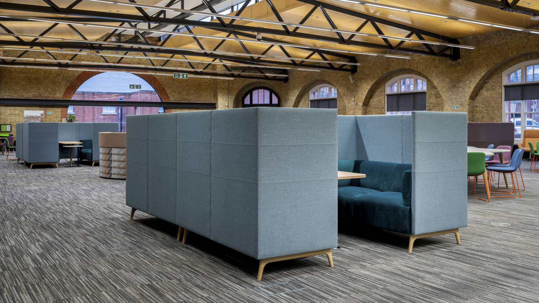 Connection Tryst Open Ended High Back Media Booths Blue Upholstery In Office Setting