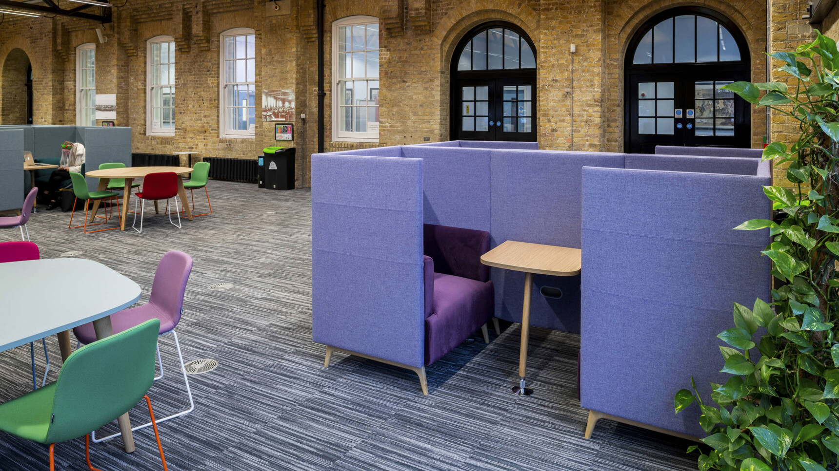 Connection Tryst Open Ended High Back Media Booth Purple Upholstery In Office Setting