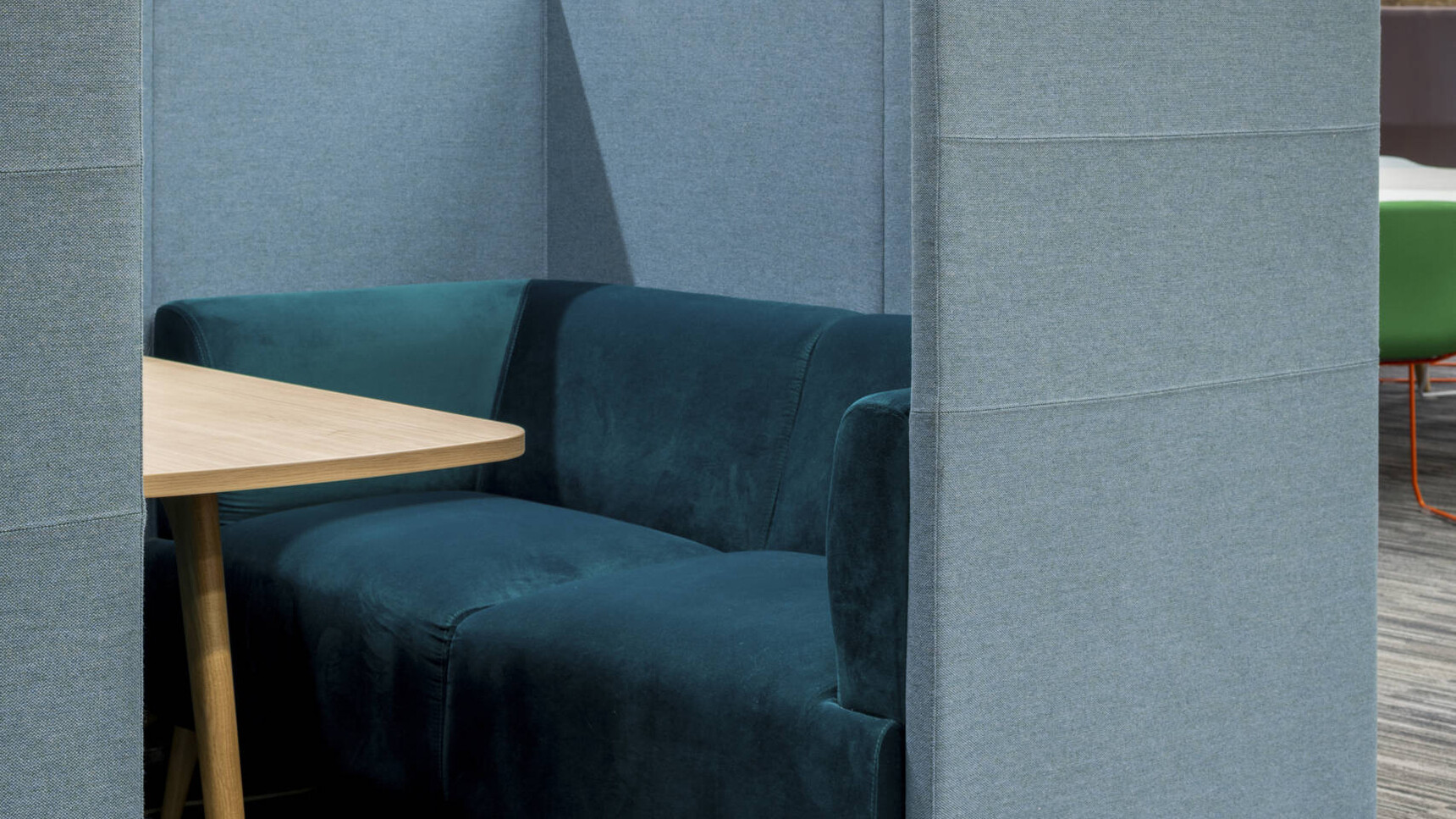 Connection Tryst Open Ended High Back Media Booth Blue Upholstery Detail Image