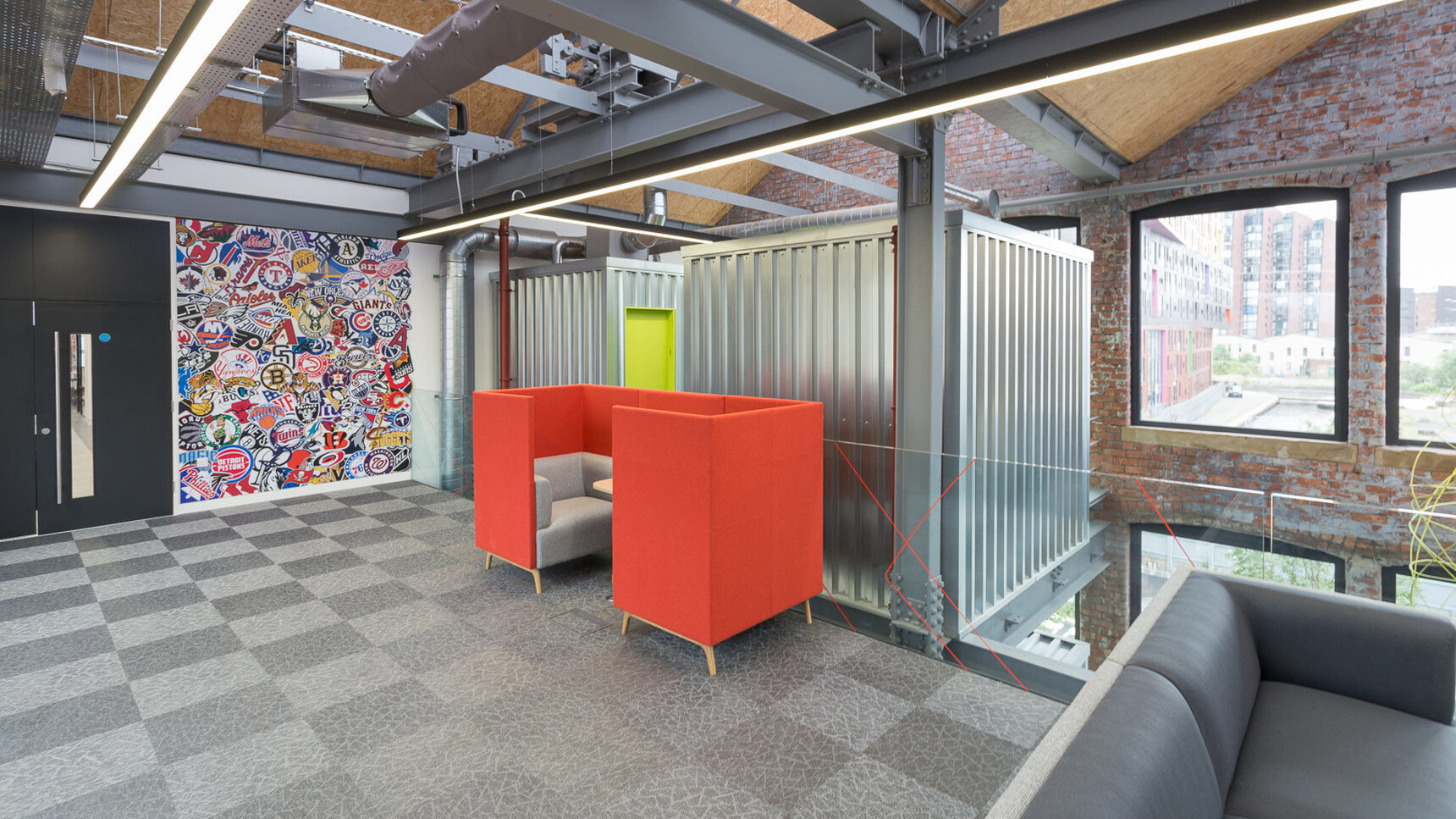 Connection Tryst Open Ended High Back Media Booth Orange Upholstery In Office Setting